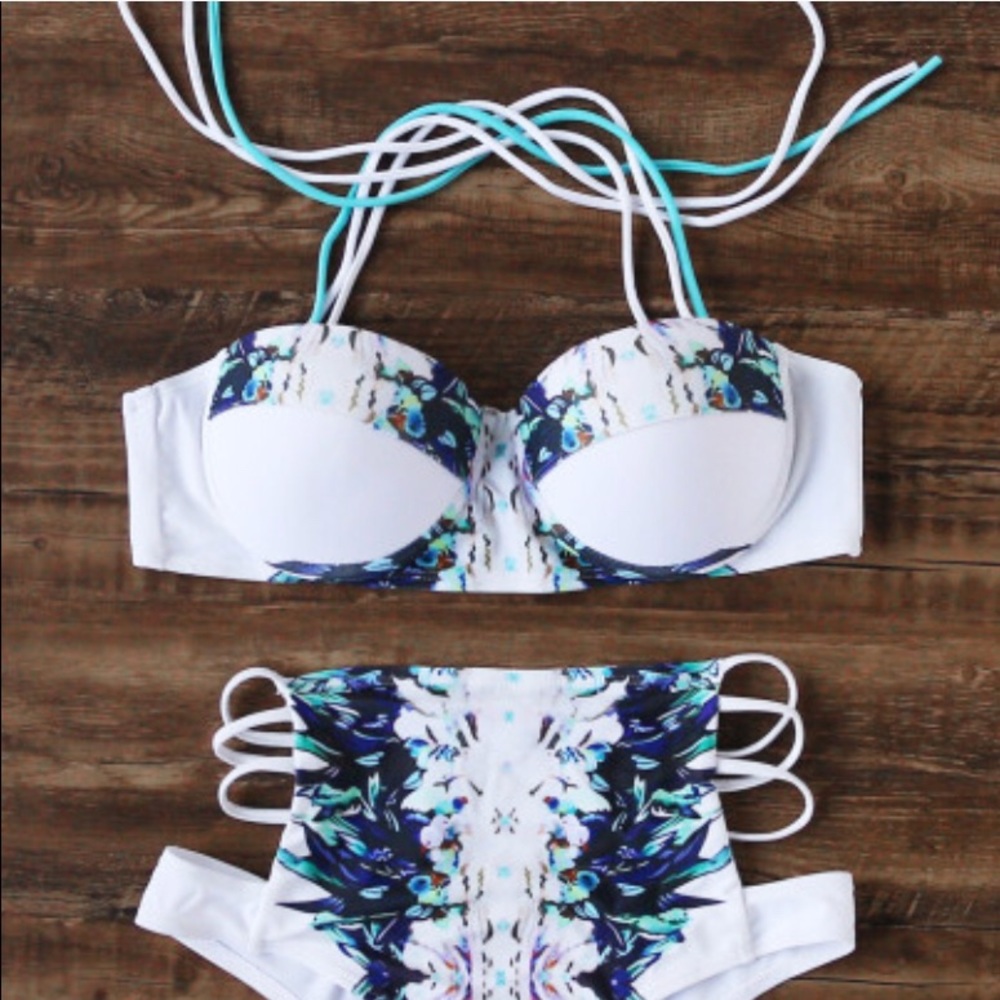 White floral print ladder high waist bikini set
